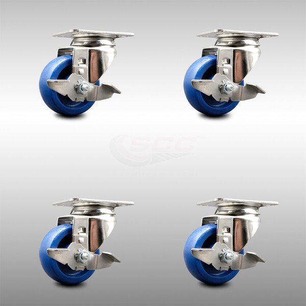 3 Inch 316SS Solid Polyurethane Wheel Swivel Top Plate Caster Set with Brake SCC